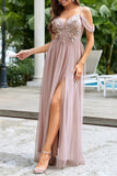 Elegant Modest Beaded A-Line V-Neck Tulle Sweep Train Prom Dresses With Split Evening Dress