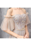 Elegant Off Shoulder Floor Length Tulle Prom Dress, Bridesmaid Dresses Rjerdress