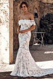 Elegant Off Shoulder Ivory Mermaid Lace Beach Wedding Dresses Rjerdress