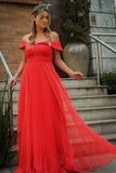 Elegant Off Shoulder Red Tulle Long Prom Dress, Off the Shoulder Red Formal Evening Dress Rjerdress