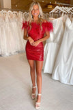 Elegant Off The Shoulder Bodycon Sequins Short Homecoming Dresses With Feather