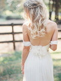 Elegant Off-shoulder Beading Sash Backless White Long Chiffon Wedding Dresses Rjerdress