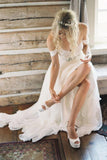 Elegant Off-shoulder Sweetheart Beading Sash Long Chiffon Wedding Dresses RJS127