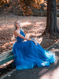 Elegant One Shoulder Blue Tulle Prom Dresses With Applique Rjerdress