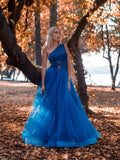 Elegant One Shoulder Blue Tulle Prom Dresses With Applique