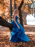 Elegant One Shoulder Blue Tulle Prom Dresses With Applique Rjerdress