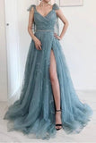 Elegant Open Back Dusty Blue Lace Long Prom Dress with High Slit, Long Dusty Blue Lace Formal Graduation Evening Dress
