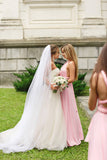 Elegant Pink A Line Chiffon V Neck Floor Length Bridesmaid Dresses