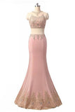 Elegant Pink Chiffon Lace See-Through Two Pieces Evening Dresses Rjerdress