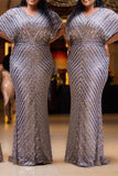 Elegant Plus Size Mermaid Sequin V Neck Prom Dress For Women Rjerdress