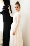 Elegant Princess Long Sleeve A Line Lace High Neck Ivory Long Wedding Dresses Rjerdress