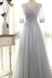 Elegant Prom Dresses A-Line Scoop Floor-Length Tulle 3/4 Sleeves With Appliques Rjerdress