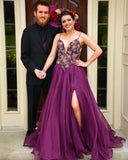Elegant Purple A Line Spaghetti Straps V Neck Tulle Prom Dresses With Slit, Rjerdress