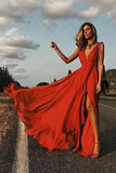 Elegant Red Sexy Simple Deep V neck Soft Side Split Chiffon Sleeveless Prom Dresses UK RJS451