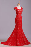 Elegant Red Sweetheart Mermaid Lace Cap Sleeve Open Back Party Dresses RJS175 Rjerdress