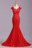 Elegant Red Sweetheart Mermaid Lace Cap Sleeve Open Back Party Dresses RJS175 Rjerdress