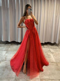 Elegant Red Tulle Tiered A-line Sweetheart Slit long Prom Dress Cute Graduation Dresses RJS170
