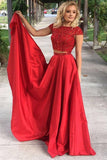Elegant Red Two Piece Beads Cap Sleeves Satin Evening Dresses Prom Dresses uk RJS323 Rjerdress