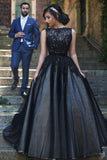 Elegant Round Neck Black Lace Sleeveless Tulle Long Ball Gown Floor-length Prom Dresses rjs213
