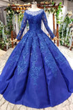 Elegant Royal Blue Long Sleeves Ball Gown Lace up Puffy Quinceanera Dress with Appliques P1136 Rjerdress