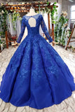 Elegant Royal Blue Long Sleeves Ball Gown Lace up Puffy Quinceanera Dress with Appliques P1136 Rjerdress