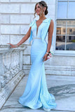 Elegant Satin Light Blue Plunge Neck Backless Mermaid Long Prom Formal Dress Rjerdress