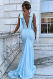 Elegant Satin Light Blue Plunge Neck Backless Mermaid Long Prom Formal Dress Rjerdress