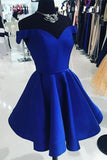 Elegant Satin Off the Shoulder Short Length A line V Neck Blue Homecoming Dresses H1137 Rjerdress
