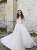 Elegant Scoop Neck Long Sleeves Tulle Wedding Dresses with Flower Bride Dress RJS633