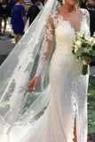 Elegant See Through Long Sleeve Lace Wedding Dresses Mermaid Wedding Dress with Slit W1069 Rjerdress