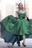 Elegant Sexy A-Line Deep V-neck Cap Sleeve High Low Green Taffeta Prom Dresses RJS263