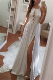 Elegant Sexy Simple Lace Chiffon Long White Halter with Slit Prom Dresses RJS788 Rjerdress