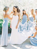 Elegant Sheath Halter Light Blue Satin Long Bridesmaid Dresses Rjerdress