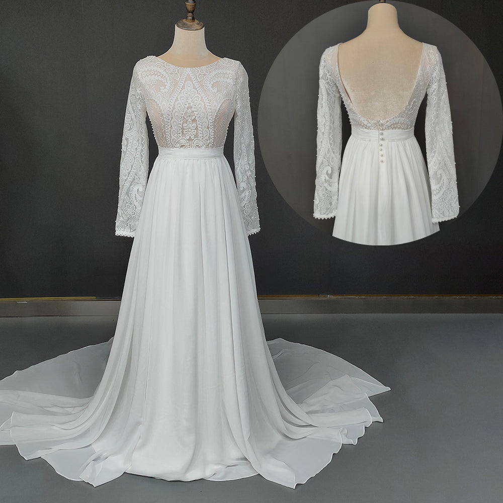 Elegant Sheath Scoop Long Sleeve Chiffon Wedding Dresses With Lace Backless Ivory Bride Dresses Rjerdress