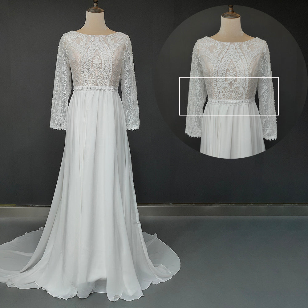 Elegant Sheath Scoop Long Sleeve Chiffon Wedding Dresses With Lace Backless Ivory Bride Dresses Rjerdress