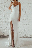 Elegant Sheath Spaghetti Strap V Neck Chiffon Split Sleeveless Open Back Wedding Dresses RJS271