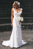Elegant Sheath V Neck Chiffon Ruffles Sleeveless Open Back Wedding Dresses uk