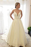 Elegant Simple Long Ivory V Neck Backless Prom Dresses Beach Wedding Dresses