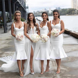 Elegant Simple Mermaid Sheath Straps Stain Tea-Length Bridesmaid Dresses With flounced For Wedding Rjerdress