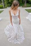 Elegant Sleeveless Spaghetti Straps Mermaid V-Neck Lace Applique Wedding Dresses