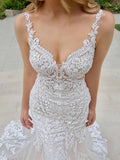 Elegant Sleeveless Spaghetti Straps Mermaid V-Neck Lace Applique Wedding Dresses Rjerdress