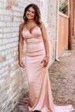 Elegant Spaghetti Straps Halter Pearl Pink Long Mermaid Prom Dresses