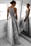 Elegant Spaghetti Straps High Low Gray Lace Long Prom Dresses Evening Dresses Rjerdress