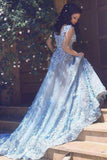 Elegant Spaghetti Straps Lace Flower Light Blue Sleeveless Zipper Tulle Prom Dresses RJS260 Rjerdress