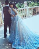 Elegant Spaghetti Straps Lace Flower Light Blue Sleeveless Zipper Tulle Prom Dresses RJS260 Rjerdress
