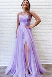 Elegant Spaghetti Straps Lavender Tulle Appliques Prom Dress With Slit Beautiful Backless Evening Dresses RJS845