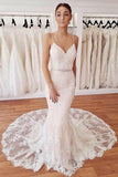 Elegant Spaghetti Straps Mermaid V Neck Lace Wedding Dresses Beach Bride Dresses RJS15202