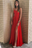 Elegant Spaghetti Straps Red Chiffon A-Line Long Prom Dress