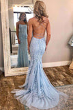Elegant Spaghetti Straps Sky Blue Mermaid Backless Pageant Prom Dresses Rjerdress