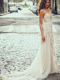 Elegant Spaghetti Straps Tulle Beach Wedding Dress Lace Appliques Bride Dresses Rjerdress